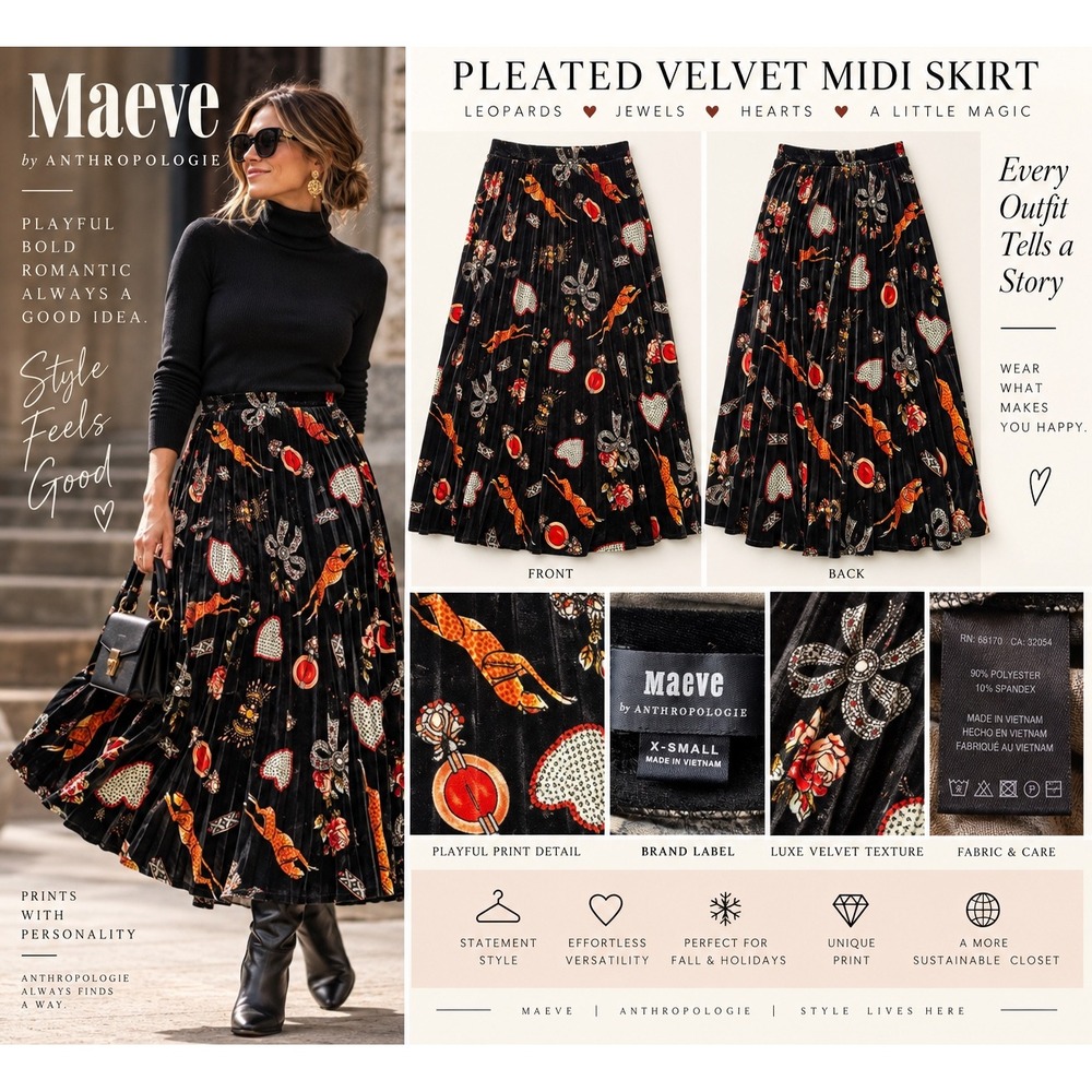 Maeve Anthropologie Velvet Pleated Skirt XS Leopard Hearts Jewel Print Midi
